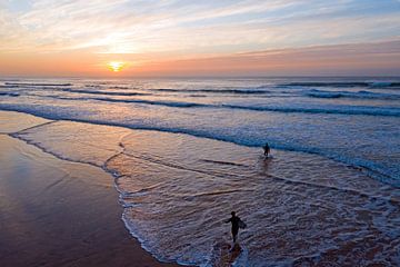 Aerial view of Vale Figueiras beach on the west coast of Portugal at sunset by Eye on You