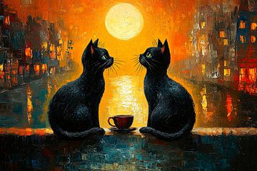 Zwei schwarze Katzen im Mondlicht von Erika Kaisersot