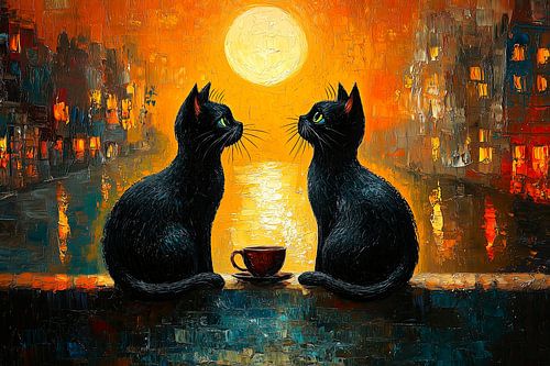 Twee zwarte katten in het maanlicht