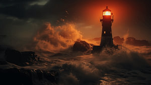 Leuchtturm bei Nacht im Nebel eines Nordseesturms mit einem mystischen Himmel