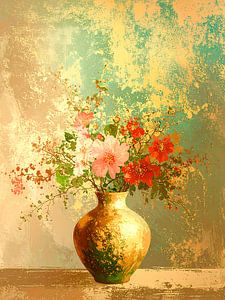 Atmosphärisches Japandi-Stillleben mit Blumen in Goldvase