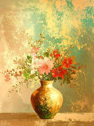 Sfeervol Japandi Stilleven van Bloemen in gouden vaas