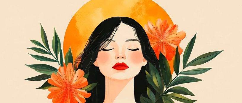 Woman with flowers and sun - play of colours by Poster Art Shop