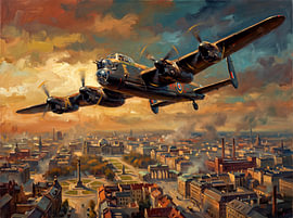 Lancaster boven het brandende Berlijn van Jan Keteleer