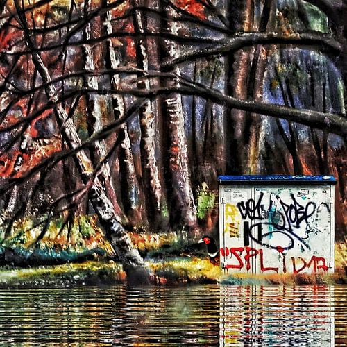 (schilderij van bos met kabelkast,  voorzien van graffiti