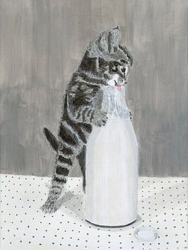 Kattenschilderij kitten drinkt uit melkfles van Nelleke Bruno
