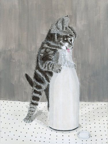 Kattenschilderij kitten drinkt uit melkfles