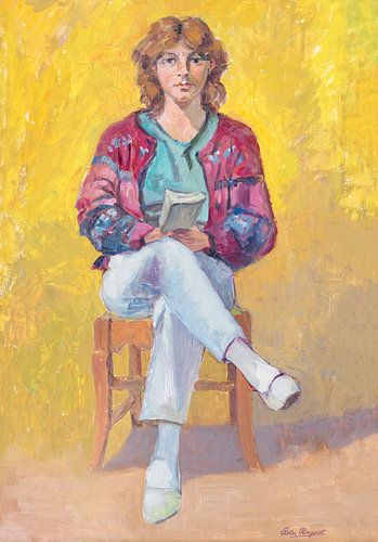 Portrait d'une femme sur une chaise avec un livre. Huile sur carton