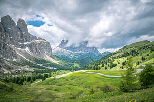 Die Langkofel- oder Sassolungo-Berggruppe, gesehen vom Gardena-Pass aus