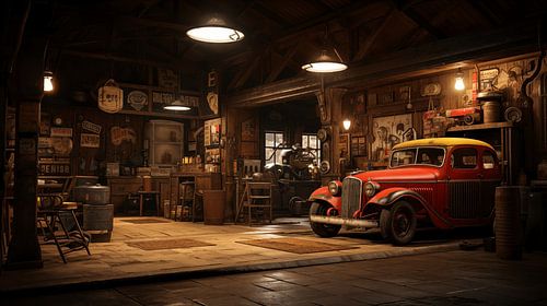 oude rode oldtimer in een hangar in een werkplaats