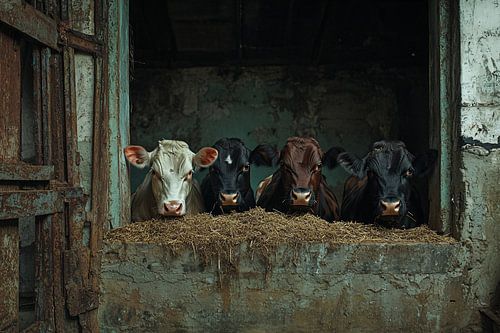 Vier nieuwsgierige koeien in stal