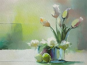 Stilleben. Vase mit Tulpen und Hyazinthen