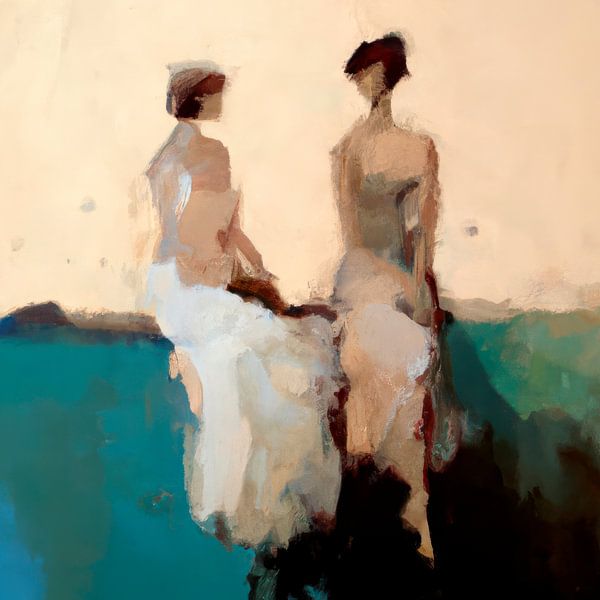 Abstract in aardetinten: "vriendinnen" van Carla Van Iersel