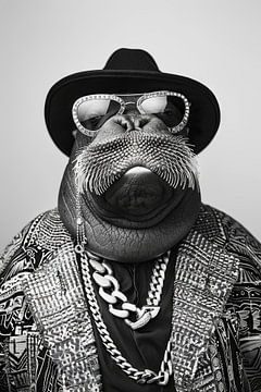 Zwart-wit portret van een walrus in de mode van Felix Brönnimann