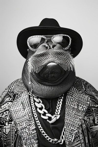 Portrait en noir et blanc d'un morse à la mode par Poster Art Shop