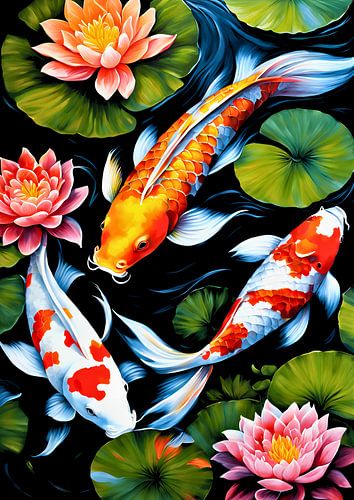 Koi Fish and Lotus Flowers