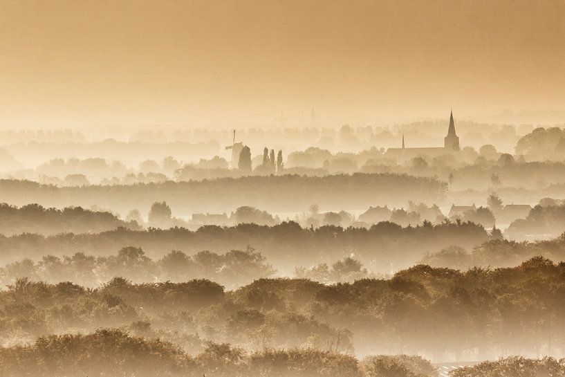 Vue sur les arbres et les maisons dans le brouillard du matin par Frans Lemmens