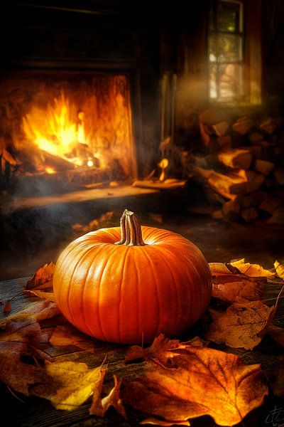 Kürbis am Kamin in herbstlicher Atmosphäre von Poster Art Shop