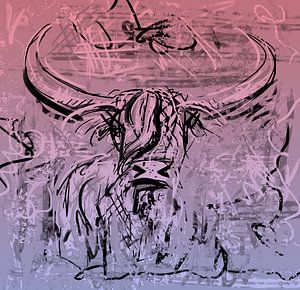 Teil des Triptychons 03 - Schottisches Highlander-Kunstwerk in Lila, Schwarz und Rosa