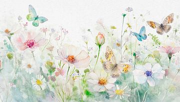 HighKey schilderij: Veldbloemen en vlinders in het gras van Studio Pieternel