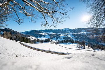 Winteruitzicht vanaf Oberstaufen naar de Hochgrat, Steibis en Staufen van Leo Schindzielorz