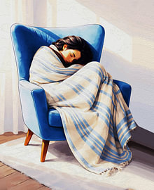 Une sieste douillette dans le fauteuil bleu – Illustration apaisante