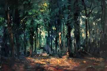 Kleurrijk impressionistisch bos met zonlicht van De Muurdecoratie