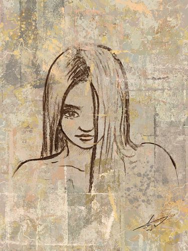 Houtskool portret ingekleurd in beige