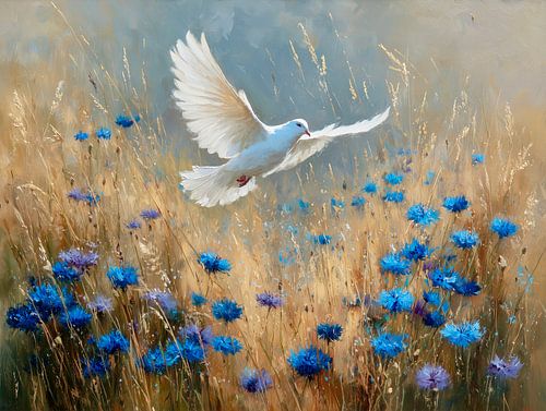 Vrije Vlucht – Witte Duif met Korenbloemen