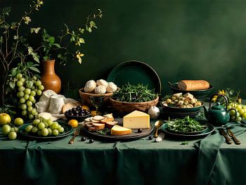 Groene tafel vol groenten, kaas en druiven – rustiek modern stilleven