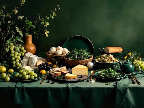 Grüner gedeckter Tisch mit Gemüse, Käse und Trauben – rustikales Stillleben