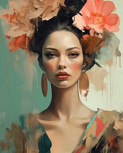 Modernes Porträt einer jungen Frau mit Blumen im Haar