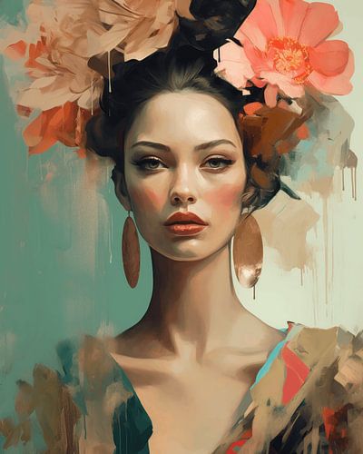 Modern portret van een jonge vrouw met bloemen in het haar