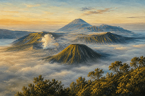 Morgennebel über dem Bromo, Ost-Java, Indonesien