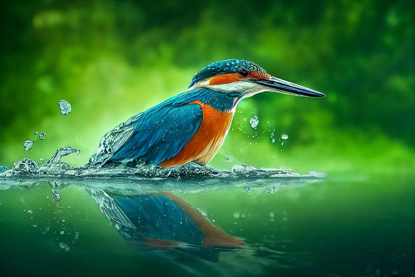 Kingfisher diving out of the water Illustration by Animaflora PicsStock