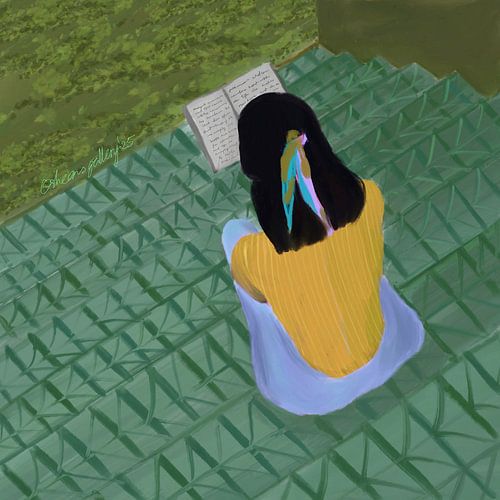 Mädchen, das auf der Treppe liest