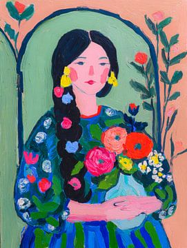 Kleurrijk portret van vrouw met bloemen en lange vlecht in expressieve stijl