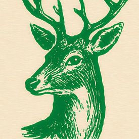 Green lino print deer head in minimalist Christmas style on beige background by But First Framing