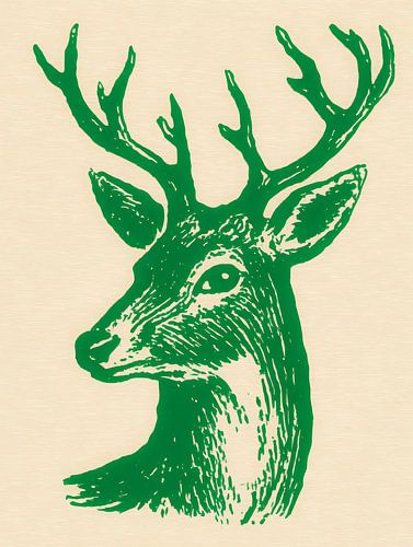 Tête de cerf imprimée en lino vert dans un style minimaliste de Noël sur fond beige