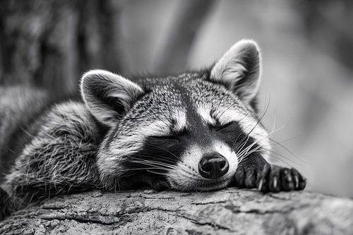 Slapende wasbeer op boomstam