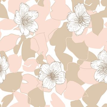 Flowers in retro style. Modern abstract botanical art. Pastel colors beige and pink by Dina Dankers