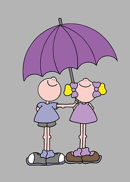 Boy and girl with umbrella - art for children