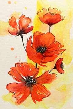 Red poppies (cheerful watercolour painting modern garden summer colourful red yellow black flowers