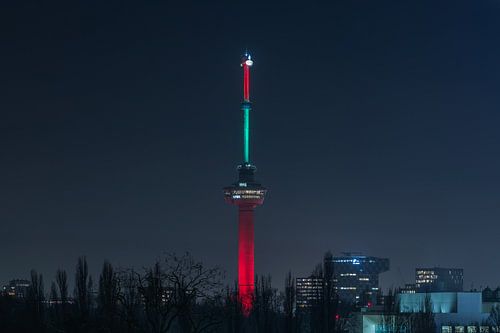 De Euromast in Rotterdam in de kleuren rood en groen