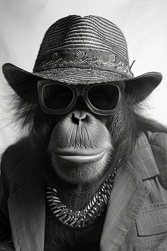 Portret van een orang-oetan met zonnebril en hoed