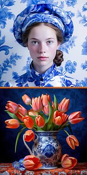 Delfts Blauw vrouwen portret en boeket tulpen van Vlindertuin Art