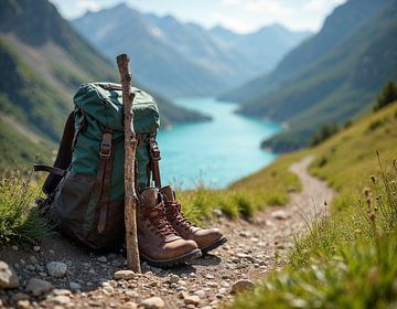 A rucksack, hiking boots and a walking stick. by Rüdiger Rebmann