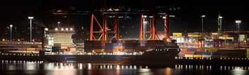 Mittelgroßes Containerschiff im Hamburger Hafen bei Nacht von Jonas Weinitschke