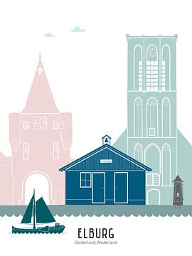 Skyline illustratie stad Elburg in kleur van Mevrouw Emmer