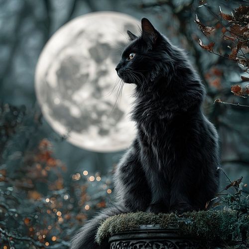 Zwarte kat bij volle maan De mystiek van de volle maan